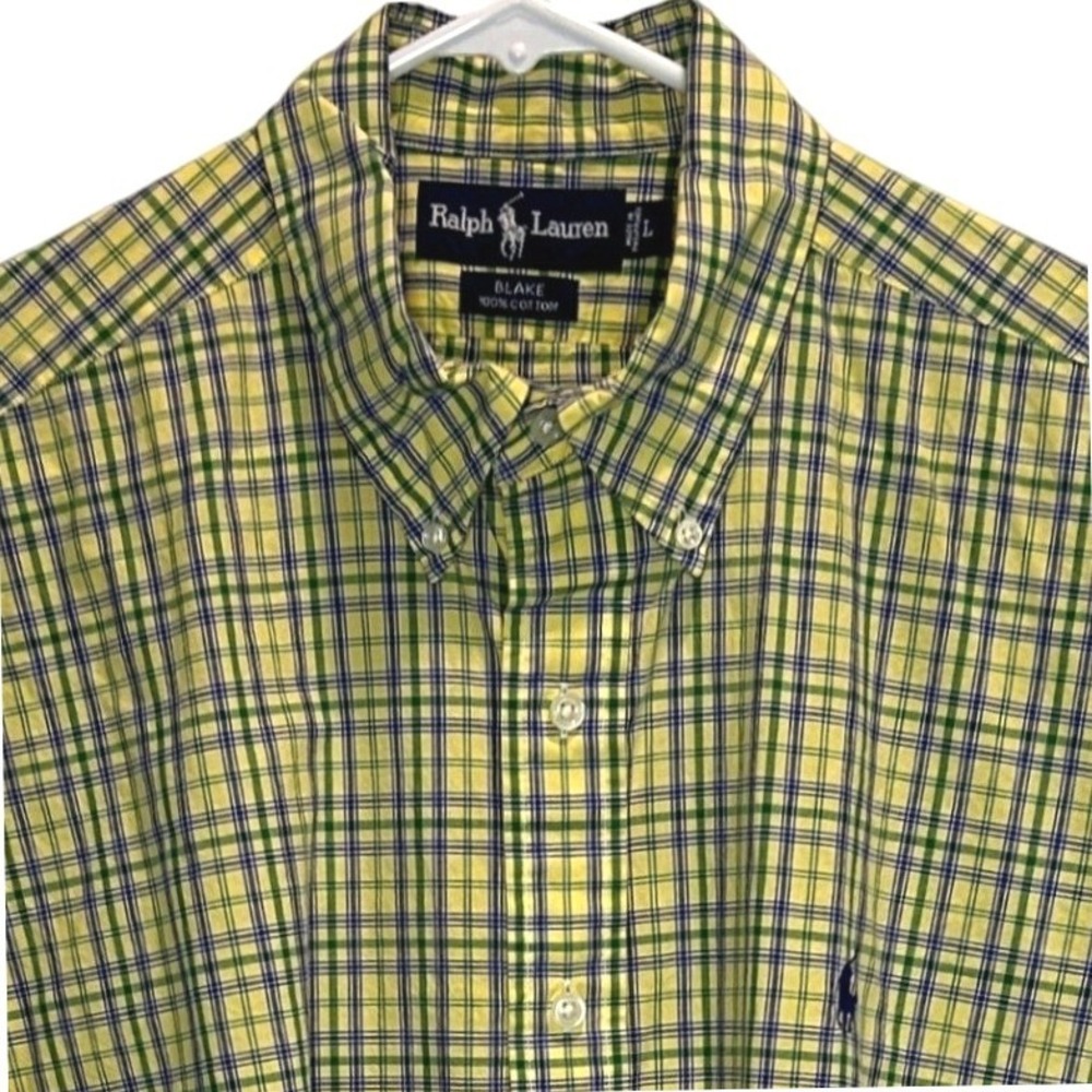 Ralph Lauren Blake Shirt Large Mens Yellow Green Plaid Short Sleeve Cotton
